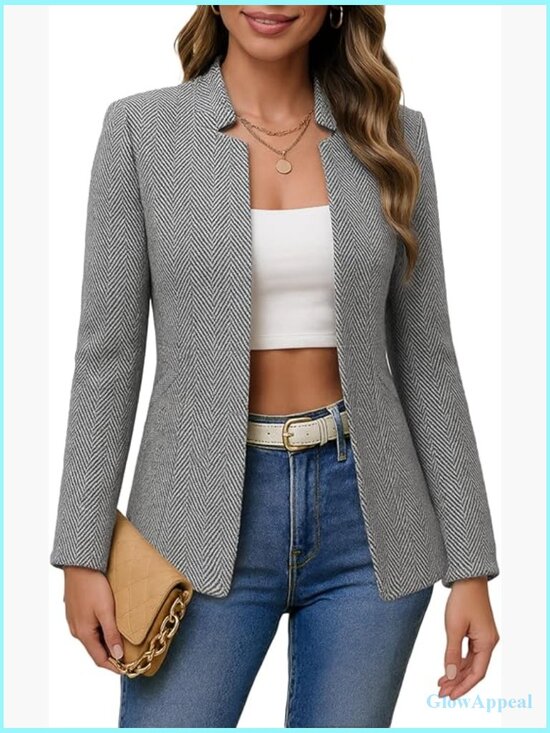 Jackets & Blazers - Women's Herringbone Tweed Blazer Jacket Slim Fit Notch Collar Work Casual